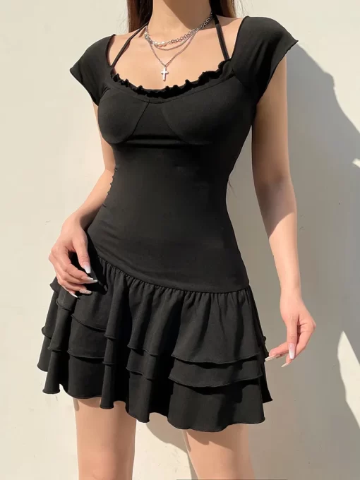 Sweetown Ruffles Hemline Korean Fashion Black Kawaii Dresses For Women 2023 Square Collar Short Sleeve Casual.jpg