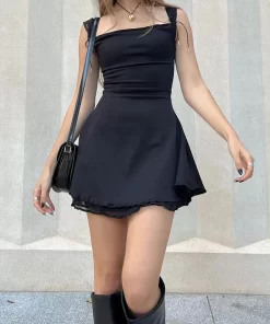 Sweetown Sleeveless Black Goth Y2K Mini Dresses Two Layer Korean Fashion Square Collar Kawaii A Line.jpg