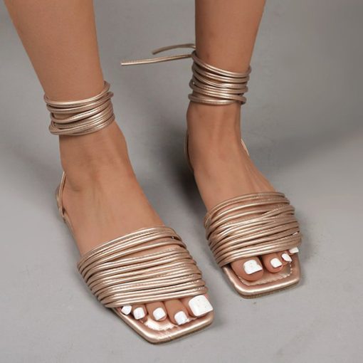 TLUDGold Silver Gladiator Sandals Women 2023 New Flat Heels Square Toe Slippers Woman Slides Plus Size