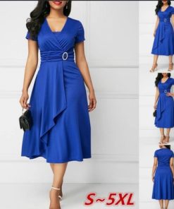 U5drPlus Size Dress Elegant Women Solid Color Short Sleeve V Neck Asymmetric Hem Waist Tight Midi