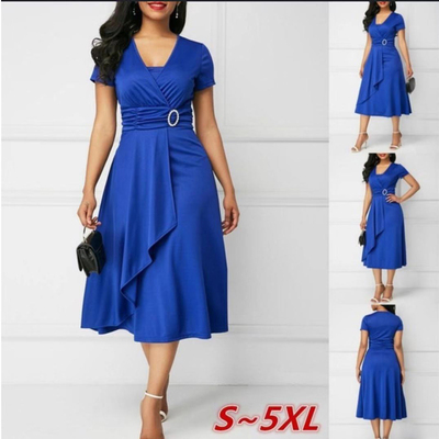 U5drPlus Size Dress Elegant Women Solid Color Short Sleeve V Neck Asymmetric Hem Waist Tight Midi
