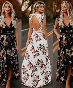 UJfNSummer New Women Elegant Vintage Boho Long Maxi Dress Sexy Backless Party Beach Dress Floral Sundress