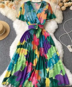 VQJ7Summer Women Fashion Pleated Floral Print Dress Chiffon 2022 Vacation V Neck Sashes Ladies Beach Party