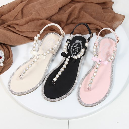 VTIdWomen sandals 2023 new summer shoes flat pearl sandals comfortable string bead beach slippers casual sandals