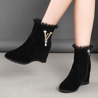 VafGAutumn and Winter New Frosted Women Boots Mid heel Rhinestone Women Boots Fur Rubber Mixed Colors