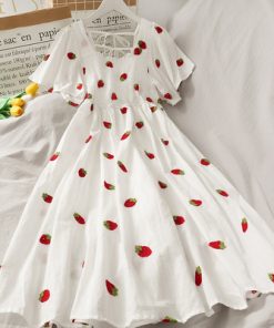 VlBaVintage Kawaii Strawberry Dress Women Sexy Ruffle Puff Sleeve Off Shoulder Embroidery Summer Party Dresses 2021