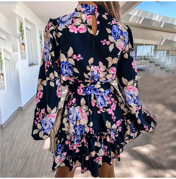 Womens Navy Floral Print Loose Style Mini Dresses Long Sleeve High Neck Party Vestidos Casual Ladies Sundress