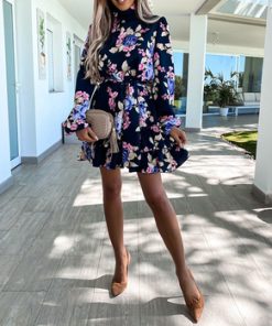 Womens Navy Floral Print Loose Style Mini Dresses Long Sleeve High Neck Party Vestidos Casual Ladies Sundress.