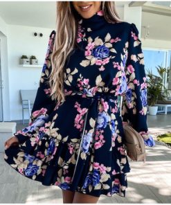 Womens Navy Floral Print Loose Style Mini Dresses Long Sleeve High Neck Party Vestidos Casual Ladies Sundress. 1 1