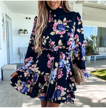 Womens Navy Floral Print Loose Style Mini Dresses Long Sleeve High Neck Party Vestidos Casual Ladies Sundress. 1 1
