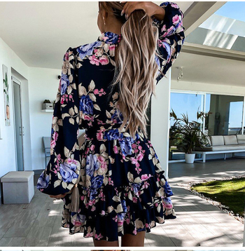 Womens Navy Floral Print Loose Style Mini Dresses Long Sleeve High Neck Party Vestidos Casual Ladies Sundress. 1 2