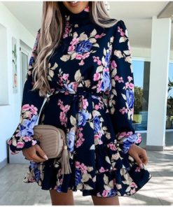 Womens Navy Floral Print Loose Style Mini Dresses Long Sleeve High Neck Party Vestidos Casual Ladies Sundress. 1 3