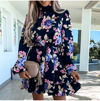 Womens Navy Floral Print Loose Style Mini Dresses Long Sleeve High Neck Party Vestidos Casual Ladies Sundress. 1 3