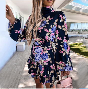 Womens Navy Floral Print Loose Style Mini Dresses Long Sleeve High Neck Party Vestidos Casual Ladies Sundress