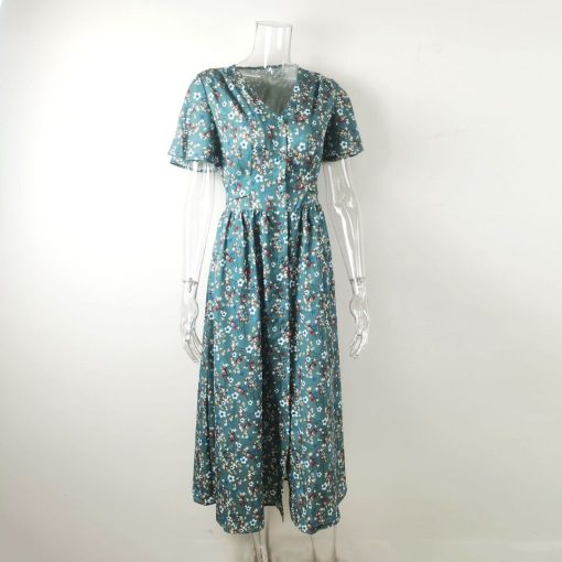 XML5Boho French Style Flower Printed Dress Women V Neck Elegant Lace up Sundress Summer Elegantes Para