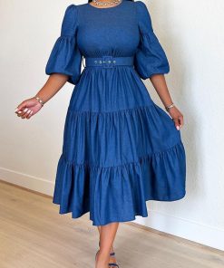 XgqJ2022 New Fashion Vintage Women Denim Dress Sping Autumn Half Sleeve Patchwork Ruffles With Belt Big