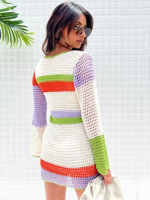 Y2K Knit Hollow Out Dress Women Color Stripe Long Sleeve V Neck Mini Dress Summer Fall.jpg 1