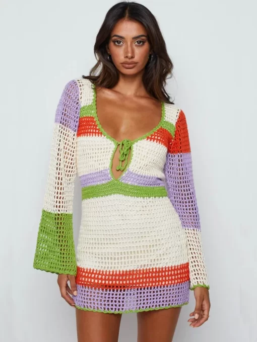 Y2K Knit Hollow Out Dress Women Color Stripe Long Sleeve V Neck Mini Dress Summer Fall.jpg 2