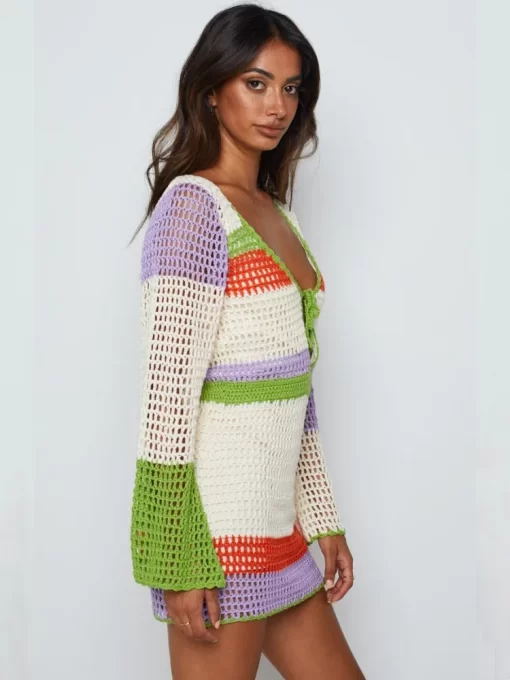 Y2K Knit Hollow Out Dress Women Color Stripe Long Sleeve V Neck Mini Dress Summer Fall.jpg 3