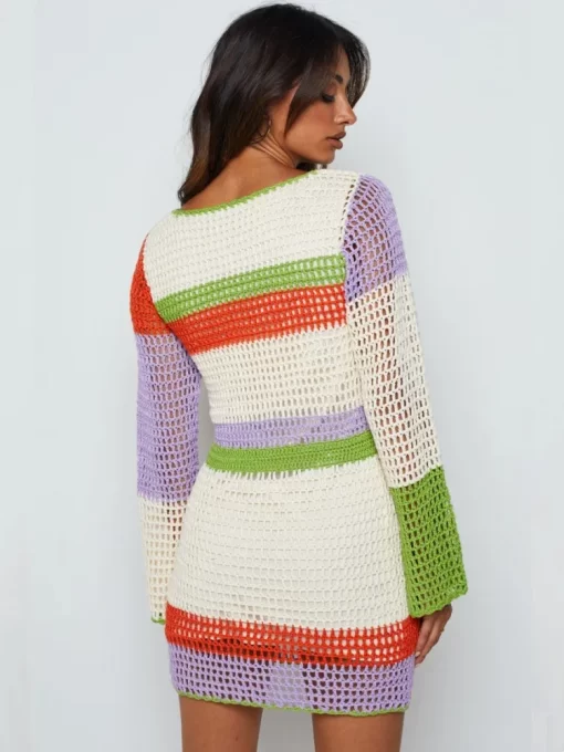 Y2K Knit Hollow Out Dress Women Color Stripe Long Sleeve V Neck Mini Dress Summer Fall.jpg 4