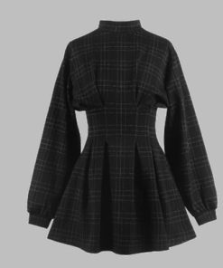 Y6ioGoth Dress Gothic Harajuku Vintage Plaid Wrap Balck Mini Dress Retro Pleated Punk Long Sleeve Dark