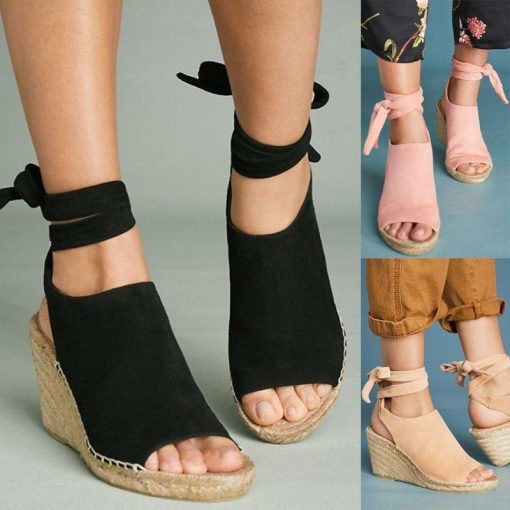 ZFmcLadies Shoes 2022 Woman Sandals Wedges Hemps Peep Toe Back Strap Platform High Heels Suede Leather