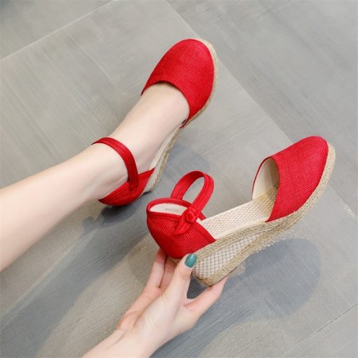 bZHK2022 Women Sandals Casual Linen Clogs Wedge Sandials Summer Red Pink 6cm High Heel Platform Espadrilles