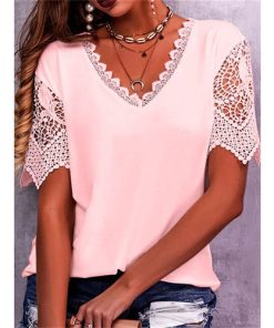be52Summer New Lace Stitching Petal Sleeve V Neck Short Sleeved T Shirt Women s Fashion Casual