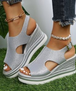 cxYK2023 New Cut Out Glitter Color Golden Silver Women Casual Wedges Sandals One Line Buckle Peep