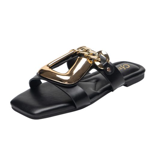 d10RWomen s Slippers Personalized Chain Fashion Buckle Wear Sandals Open Toe Outdoors Flat Sandals Luxurious Black