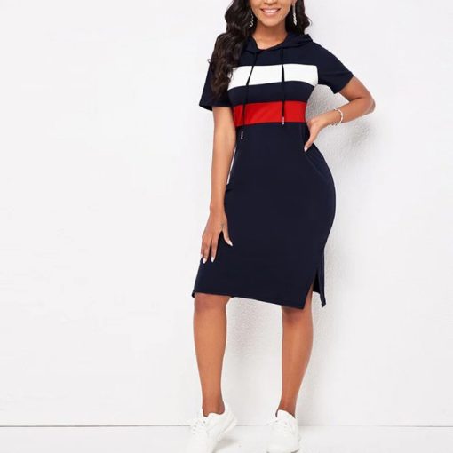 g3jYCasual Dresses for Women Comfortable Sports Hooded T Shirt Medium Women Dress Color Matching Stripe Women