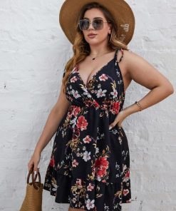 gV3MPlus Size Elegant Women Summer Midi Dress 4xl 2022 Curvy Large Size Black Floral Print Sleeveless