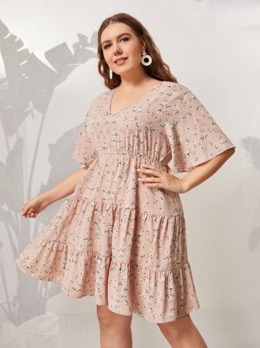 gm3XPlus Size Pink Midi Dress Women Floral Print Ruffles Sleeve 2022 Summer Autumn Casual Oversized 4XL