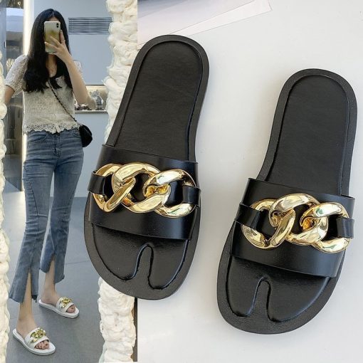 hPQISpring summer Small Fresh Slippers Women New Large Size Thick Bottom Metal Decoration Ms Outdoor Wild