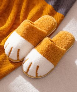 hftLComwarm Winter Warm Plush Slippers Cute Cat Paw Designer House Women Fur Slippers Floor Mute Bedroom