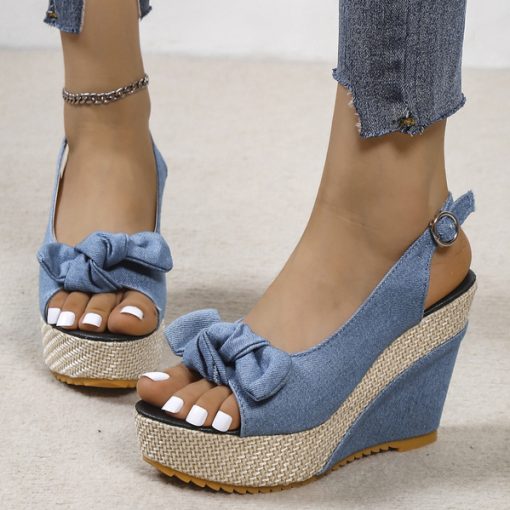 iXWxFashion Denim Bow Decor Slingback Wedge Sandals Summer Outdoor Platform Slides 2023 Ladies Shoes Increase Height