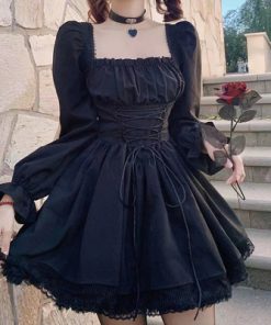 iXfnLong Sleeves Lolita Black Dress Goth Aesthetic Puff Sleeve High Waist Vintage Bandage Lace Trim Party