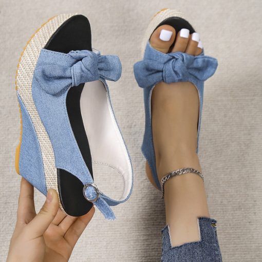 jeoJFashion Denim Bow Decor Slingback Wedge Sandals Summer Outdoor Platform Slides 2023 Ladies Shoes Increase Height
