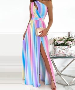 jkRa2022 Summer Elegant One Shoulder Floral Print High Slit Cutout Maxi Party Dress Asymmetric Women Long