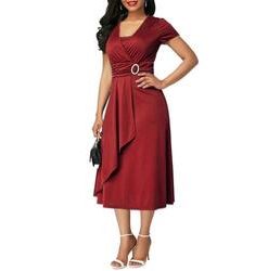 l1DOPlus Size Dress Elegant Women Solid Color Short Sleeve V Neck Asymmetric Hem Waist Tight Midi