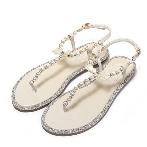 l1dRWomen sandals 2023 new summer shoes flat pearl sandals comfortable string bead beach slippers casual sandals