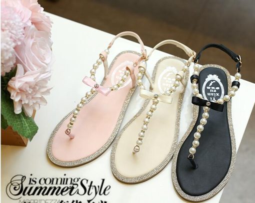 lQ38Women sandals 2023 new summer shoes flat pearl sandals comfortable string bead beach slippers casual sandals