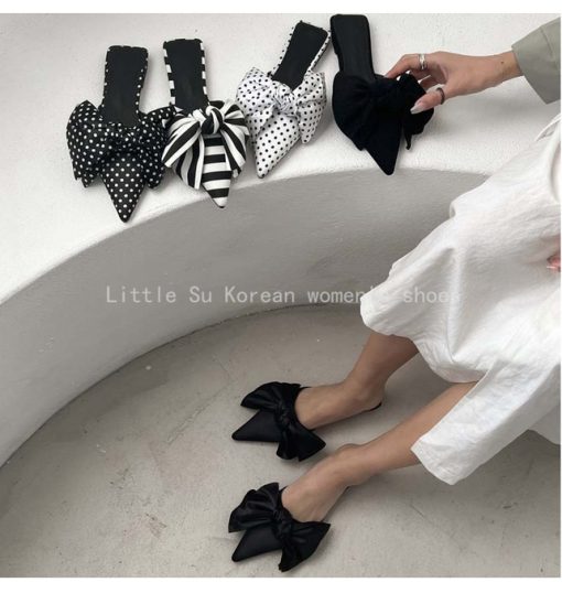 mga6Women Shoes Fashion Pointed Toe Bowknot Flat Women Slippers Slip On Mules Loafer Sandals Stripe Wave