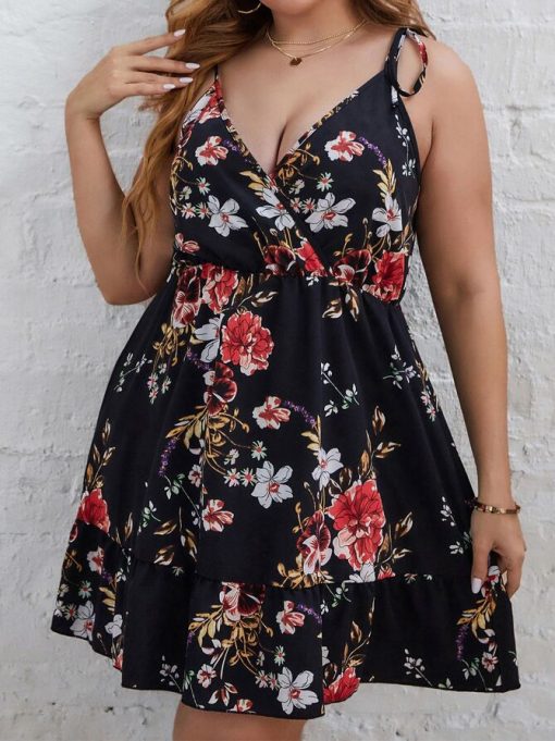 ne63Plus Size Elegant Women Summer Midi Dress 4xl 2022 Curvy Large Size Black Floral Print Sleeveless