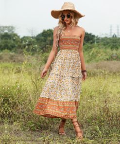 pAdjWildPinky 2023 New Women Vintage Floral Print Ruffle Layers Long Dress Female Boho Strapless Orange Beach