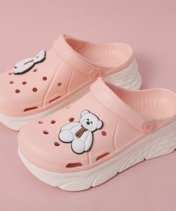 pFNeClogs Wedge 2022 Sandals Flat Summer Shoes Woman Suit Female Pink Breathable Cartoon Bear New Platform