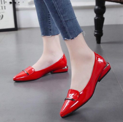 pxQW2020 Elegant Red Pointed Toe Flat Shoes Women Patent Leather Flats Fashion Slip On Ladies Shoes