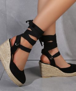 q24iSandals Woman Summer 2022 Novelties Wedges Round Toe Woman Espadrilles Lace up Outdoor Beach Casual Roman
