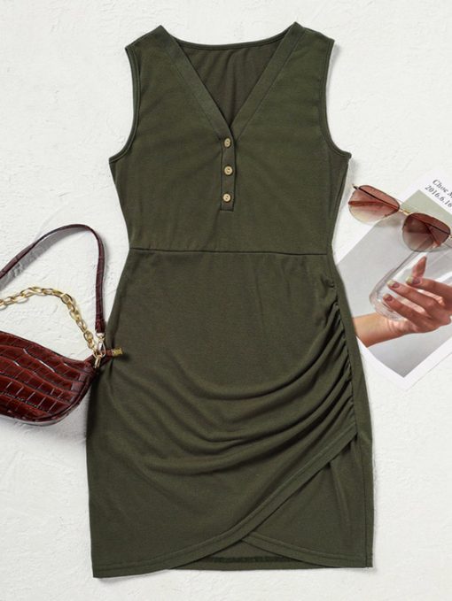 qYcY2023 Summer Casual V Neck Sleeveless T Shirts Dress Women Button Up Bodycon Ruched Tank Mini