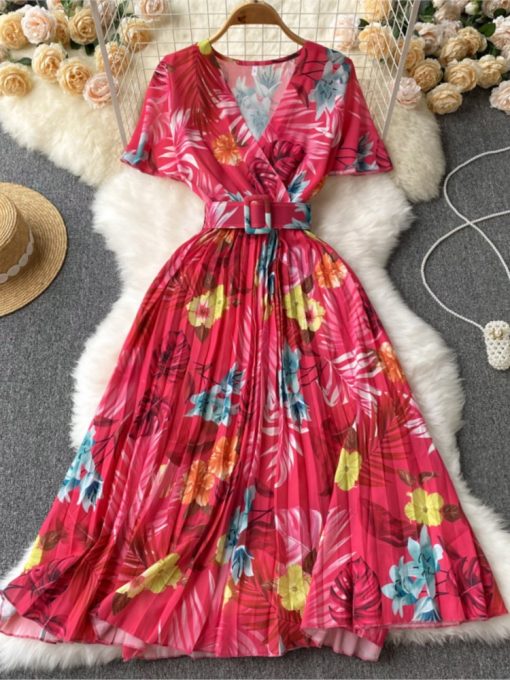 sehvSummer Women Fashion Pleated Floral Print Dress Chiffon 2022 Vacation V Neck Sashes Ladies Beach Party